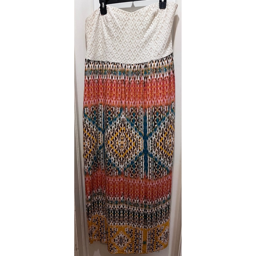 Maurices Womens Strapless Lace Top Ikat Print Maxi Dress Orange Pink White Sz 2